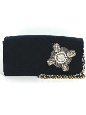 Chanel Shoulder Bag Logo Faux Pearl Rhinestone Bijou Party Satin Black